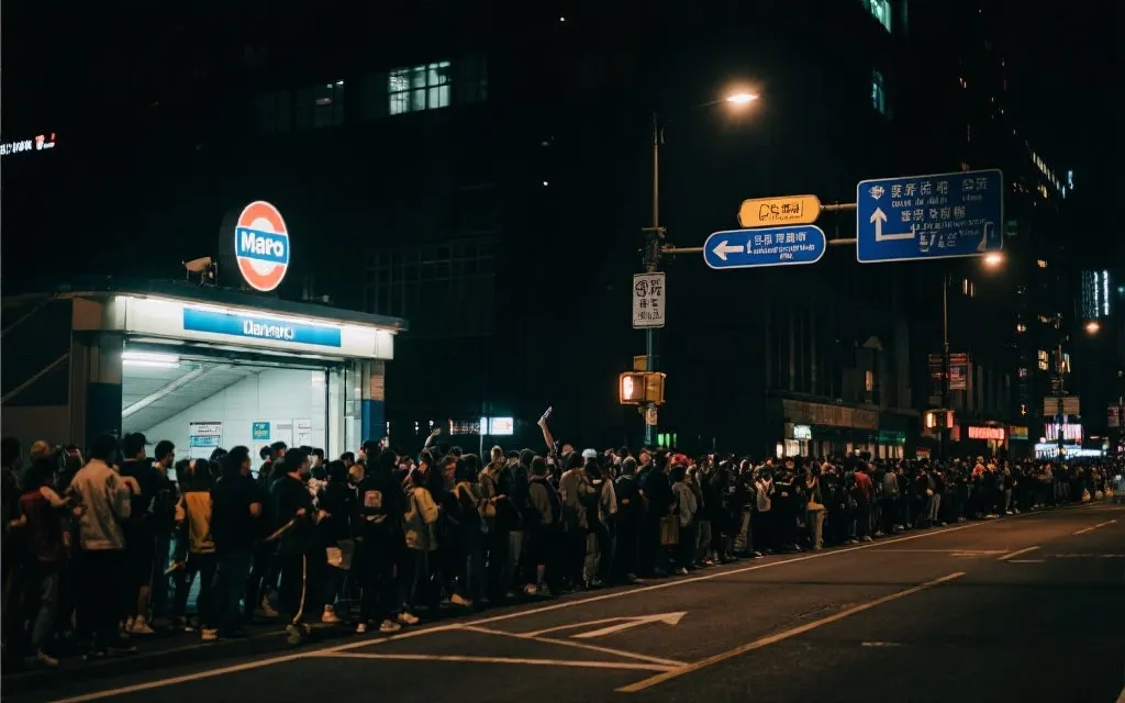 夜间比赛散场后城市公共交通与人流组织场景